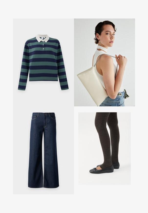 Polo de manga longa em listras azul marinho escuro e verde floresta, com gola branca e patilha de três botões; feito de material de algodão macio.; Jeans de perna larga em denim azul escuro. Apresenta costura em contraste, cinco bolsos e um fecho de botão na cintura. Textura lisa.; Sapatos planos pretos com um pequeno laço na ponta, emparelhados com meias-calças caneladas castanhas escuras. Os sapatos têm uma textura suave e um design discretamente baixo.; Bolsa de mão retangular branca, feita de material brilhante, com uma alça em corrente prateada. Modelo posa, exibindo a bolsa contra um fundo simples.