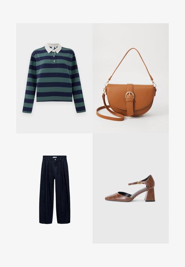 Long-sleeve polo shirt in dark navy and forest green stripes, with a white collar and three-button placket; made of soft cotton material.; Dark denim wide-leg trousers with pleats at the waist, featuring a front button and belt loops. Smooth texture and full-length design.; Brown patent leather pump with a square toe, textured croc pattern, ankle strap with gold buckle, and a chunky heel.; Brown leather crossbody bag with a curved shape, gold hardware, and a buckle accent. Features a detachable shoulder strap.