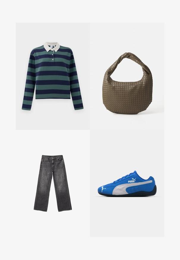 Polo majica s dugim rukavima u temno modrim i šumskim zelenim prugama, s belim okovratnikom i plaketom na tri dugmeta; izrađena od mekog pamučnog materijala.; Temno sivi široki jeans s prednjimi in zadnjimi žepi, zapiranje na gumb in subtilne blede podrobnosti.; Modre atletske čevlje s semiš zgornjim delom, ki imajo belo stransko ploščo in črno gumijasto podplat. Vključujejo dvignjen PUMA logo na strani.; Tkanina olivno zelena torba z okroglo obliko in zvitim ročajem. Tekstura površine vsebuje diagonalni vzorec. Zadrga za zapiranje.