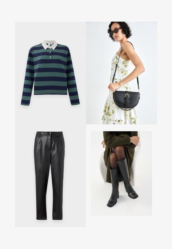 Long-sleeve polo shirt in dark navy and forest green stripes, with a white collar and three-button placket; made of soft cotton material.; Black leather pants with a smooth texture, straight fit, elastic waistband, and a front button closure; pleated detailing and tapered legs.; Knee-high black leather boots with a squared toe and block heel, shown with a model seated in an olive green coat. Smooth texture, minimal detailing.; Black leather handbag with a curved shape, detachable strap, and gold hardware. The bag features a flap with a buckle detail.