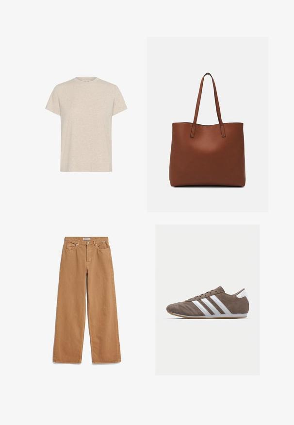 Beige t-shirt met korte mouwen van een gestructureerde stof, met een klassieke ronde halslijn en een ontspannen, recht gesneden pasvorm.; Wijde, bruine denim broek met vijf zakken, een knoopsluiting en ceintuurlussen; de stof lijkt zacht met een lichte glans.; Bruine suède sportschoen met witte strepen, ronde neus, vetersluiting en gumrubberen zool. Gestructureerde bovenkant met stikseldetails.; Bruine leren tote bag met een gladde textuur, een ontwerp met een open bovenkant en twee schouderbanden. Kenmerkt zich door minimale stiksels en geen zichtbare hardware.