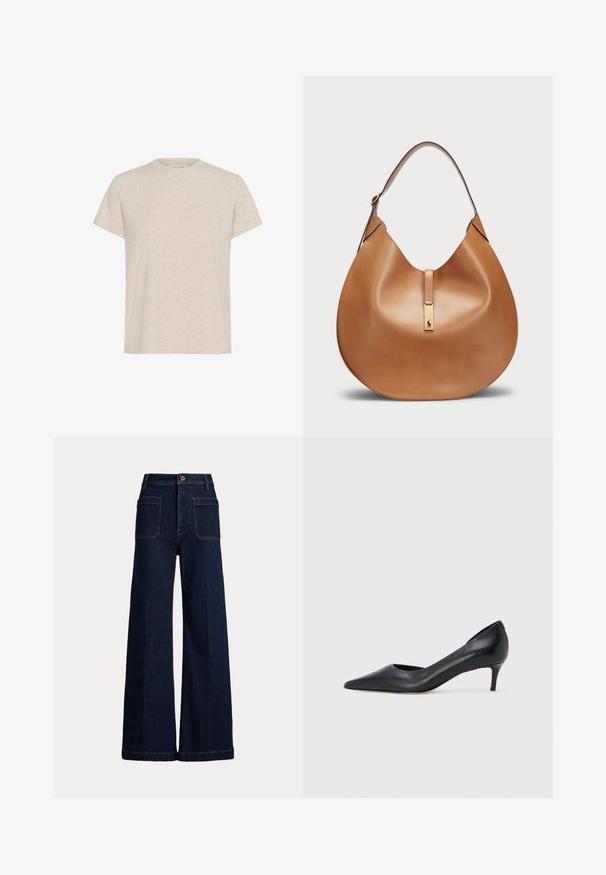 Beige kortærmet t-shirt lavet af et tekstureret stof, med en klassisk rund halsudskæring og en afslappet, lige pasform.; Bredde ben mørkeblå denimjeans med høj talje, fem lomme-design og kontrasterende syninger. Har knaplukning og en struktureret form.; Sort læderpumpe med spids tå og lav hæl. Har en glat tekstur og subtil glans. Åben udskæring foran for ekstra detalje.; Tan lædertaske med en buet form og en bred skulderrem. Har et guld metalaccent i midten og en glat overflade.