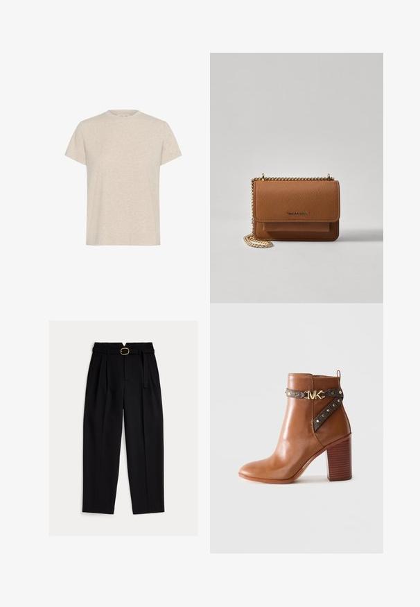 Beige kortærmet t-shirt lavet af et tekstureret stof, med en klassisk rund halsudskæring og en afslappet, lige pasform.; Sorte, højtaljede bukser med bælte i taljen, plisseret front og vidde ben. Fremstillet i glat stof med klassisk snit.; Brun læder ankelstøvle med stablet blokheel, sidebånd med guldnitter og en guld "MK" logo spænde.; Brun tekstureret læder crossover-taske med guldkæde-rem og klaplukning. Forsiden har logo-detalje og en lomme under klappen.