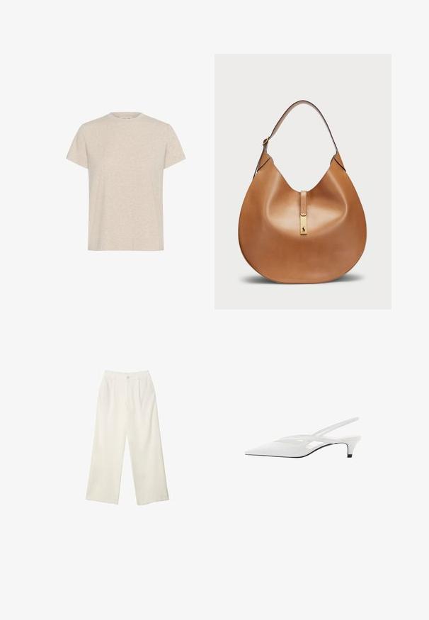 Bež majica s kratkim rukavima izrađena od teksturiranog materijala, s klasičnim okruglim izrezom i opuštenim, ravnim krojem.; Hlače širokih nogavica od kremaste tkanine s glatkom teksturom, s jednim prednjim gumbom, suptilnim plitvicama i visokim strukom.; Bijela slingback potpetica s oštrom punta, koja ima glatki gornji dio, suptilne izreze i nisku blok potpeticu. Crna potplata naglašava dizajn.; Torbica od svjetlosmeđeg kože s zakrivljenim oblikom i širokim remenom za rame. Ima zlatni metalni detalj u središtu i glatku teksturu.