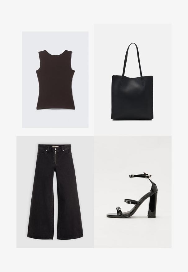 Bežėnė tamsiai rudos spalvos palaidinė be rankovių, pagaminta iš minkštos medžiagos. Ji turi apvalią iškirptę ir lygų paviršių, be matomų raštų ar akcentų.; Plačios kojų džinsai iš juodo džinsinio audinio su užtrauktuku priekyje, penkių kišenių dizainu ir subtiliais siuvinėjimo akcentais. Lygus paviršius ir laisvalaikio stilius.; Juoda blizgi lakuota basutė su kvadratiniu pirštu, kulkšnies dirželiais ir sidabro sagtimis. Yra tvirta blokinė kulno konstrukcija, užtikrinanti stabilumą.; Juodas odinis tote krepšys su lygia tekstūra, stačiakampio formos ir dviem ilgais rankenomis. Matomų metalinių detalių ar puošybos nėra.