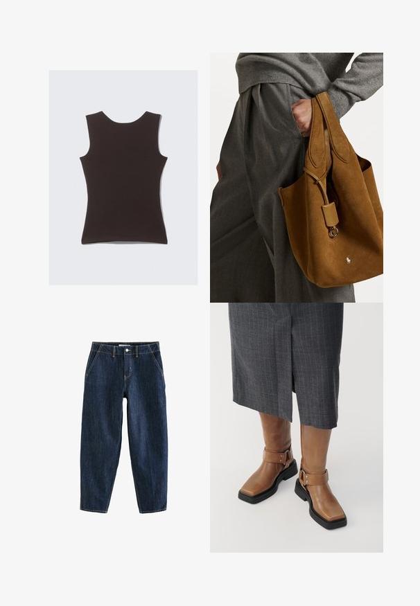 Bezslistu tumši brūnu augšdaļu, kas izgatavota no mīksta auduma. Iespējamā apaļā izgriezuma un gluda tekstūra, bez redzamām rakstiem vai akcentiem.; Tumši zili džinsi ar brīvu piegulšanu, aprīkoti ar piecām kabatām, jostu cilpām un kontrastējošiem dzelteniem uzšuvumiem. Tīrs, teksturēts audums.; Brūni ādas līdz ceļiem zābaki ar kvadrātu purngalu, melnu gumijas zoli un regulējamu sprādzes detaļu. Kombinēti ar pelēku strīpainu svārku.; Brūns zamšs auduma nozaru soma ar noapaļotu formu, dubultām rokturiem un metāla aksesuāru. Priekšpusē ir mazs logo.