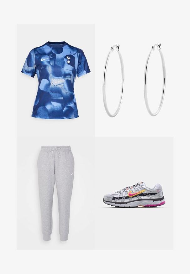 Nike Performance TOTTENHAM HOTSPURS ACADEMY TOP PREMATCH - Maglia da calcio - binary blue/white; Pantaloni della tuta grigi chiari con vita regolabile, gamba affusolata e un piccolo logo bianco sulla coscia sinistra. Realizzati in un morbido tessuto texture.; Scarpa da corsa in rete grigia con un distintivo swoosh rosa e giallo, dettagli neri e suola in gomma testurizzata. Presenta una punta rinforzata e un collare imbottito.; Orecchini a cerchio in argento con una superficie liscia e lucida e una forma circolare sottile. Il design presenta una chiusura sicura.