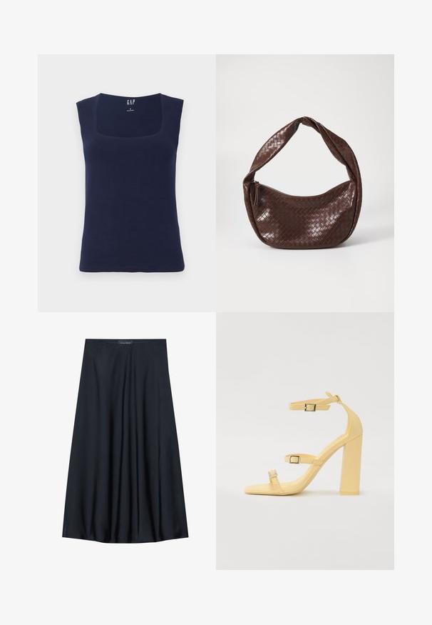 Navy blue sleeveless top made of soft cotton, featuring a square neckline and a fitted shape with clean, finished edges.; Black, knee-length skirt made of lightweight fabric with a flowy design. Features a smooth texture and subtle pleats for added detail.; Yellow block-heeled sandals with three adjustable straps, square toe design, smooth synthetic material, and silver-tone buckles.; Brown woven leather handbag with a curved, knotted handle and a zippered closure. Smooth texture and rounded shape.; Gold-tone rectangular wristwatch with a white dial, silver-tone hour markers, and a durable metal link bracelet. Water-resistant feature included.