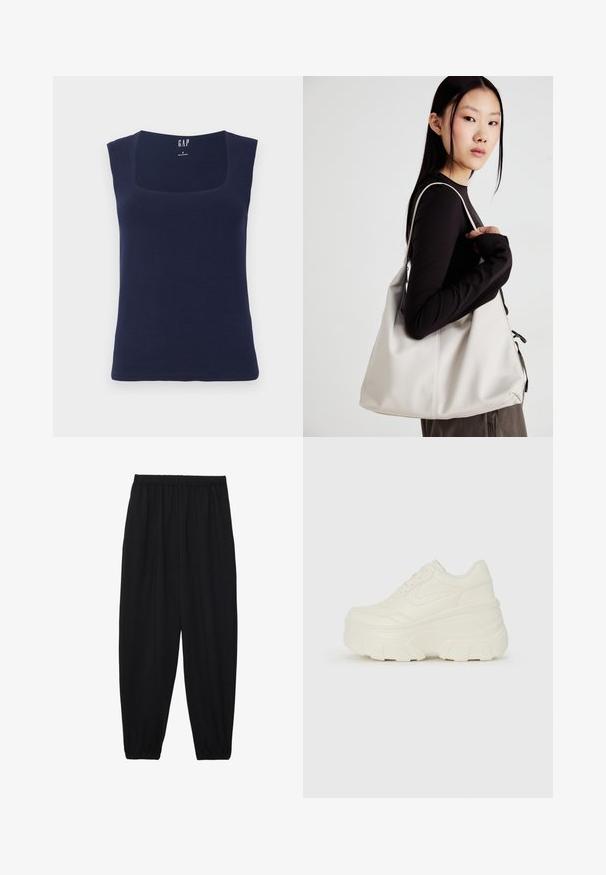 Kragenloses ärmelloses Top in Marineblau aus weicher Baumwolle, mit einem quadratischen Ausschnitt und einer figurschmeichelnden Passform sowie sauberen, fertigen Kanten.; Schwarze, leichte Hosen mit einem elastischen Bund und gerafften Knöcheln. Der Stoff ist glatt und hat ein entspanntes, schmal zulaufendes Design.; Weiße Platform Sneakers mit einem glatten, lederähnlichen Obermaterial, abgerundeter Form, gepolstertem Kragen und strukturierten Gummisohlen mit ausgeprägten Stollen.; Beige Handtasche aus weichem Material, mit einem lässigen Design, gesteppten Details und zwei Schulterriemen. Geeignet für den täglichen Gebrauch.