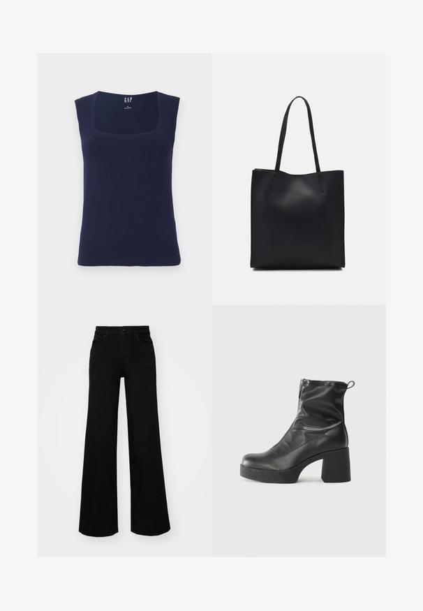 Námornícky modrý bezrukávový top vyrobený z mäkkej bavlny, s hranatým výstrihom a priliehavým strihom s čistými, zakončenými okrajmi.; Čierne široké nohavice z denimu s pevným pásom, pútkami na opasok a prednými vreckami. Hladká štruktúra s klasickým dizajnom.; Čierne členkové topánky z hladkej kože, so bočným zipsom, robustnou textúrovanou pätnou časťou a zaobleným dizajnom špičky.; Čierna kožená taška na rameno s hladkým povrchom, obdĺžnikovým tvarom a dvoma dlhými uchami. Bez viditeľného kovania alebo ozdôb.