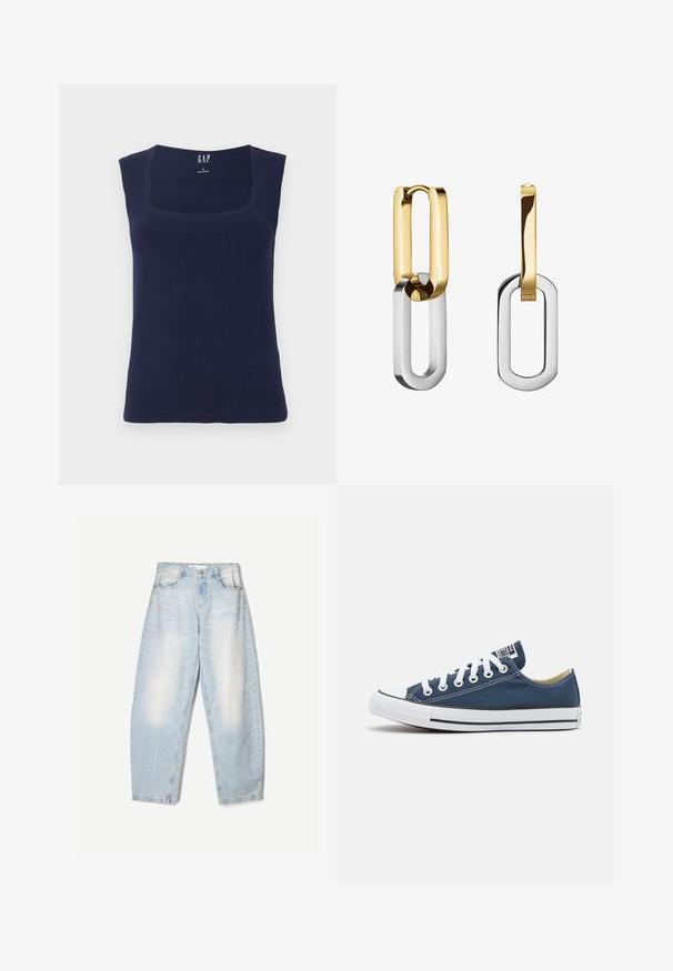 Mornarsko plava bezrukavna majica od mekog pamuka, s kvadratnim izrezom i uskim krojem s čistim, dovršenim rubovima.; Svijetloplave traperice s širokim krojem, s izblijedjelim završetkom, dva prednja džepa i dugmetom za zatvaranje na struku.; Platnene tenisice u tamnoplavoj boji s bijelim rupicama i vezicama, s bijelim gumiranim vrhom prsti i crnom prugom duž potplata.; Naušnice od zlata i srebra s međusobno povezanim pravokutnim petljama, s glatkom završnom obradom i sjajnom teksturom.