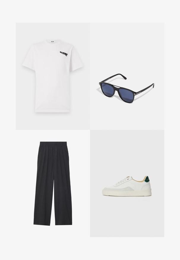 Weißes Baumwoll-T-Shirt mit kurzen Ärmeln, das auf der oberen linken Seite mit dem schwarzen Grafikdruck "msgm!" versehen ist. Rundhalsausschnitt, weiche Textur.; Weit geschnittene Hosen aus dunkelgrauem Stoff. Merkmale sind Falten an der Taille, ein maßgeschneiderter Schnitt und eine gerade Silhouette.; Weiße Sneaker mit Wildlederelementen, runder Zehenpartie, flachen Schnürsenkeln und einer cremefarbenen Gummisohle. Mit grünen Markenlogo am Fersenbereich.; Sonnenbrille mit schwarzem Kunststoffrahmen, blauen getönten Gläsern, leicht abgerundeter Form und silbernen Metallelementen an den Bügeln.