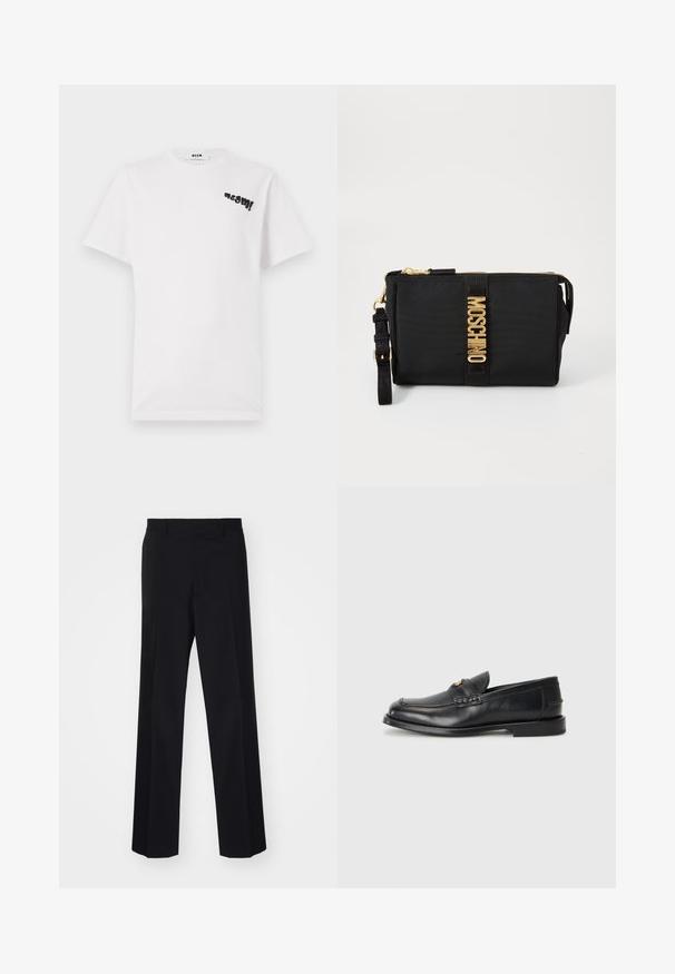 Balta kokvilnas T-kreklu ar īsām piedurknēm, uz kura augšējās kreisās puses ir melns grafiskais attēls "msgm!". Apaļa kakla izgriezuma forma, maiga tekstūra.; Melnas šūtu bikses ar platu kāju dizainu, ar gludu tekstūru un asiem locījumiem, izgatavotas no austas auduma.; Melnā ādas mokasīni ir ar noapaļotu purngalu, šūšanas detaļām un nelielu zelta akcentu priekšpusē. Zole ir plaka un diskrēta.; Melna neilona somiņa ar zelta kontrastējošiem elementiem, ar centrālo logo joslu. Ietver noņemamu siksnu un rāvējslēdzēja aizdari drošai lietošanai.