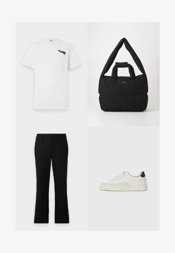 Valge puuvillane T-särk lühikeste varrukatega, mille vasakul ülal nurgas on must graafiline trükk "msgm!". Ümar kaelus, pehme tekstuur.; Mustad laiad püksid, mis on valmistatud puuvillase segukanga, millel on nööbikinnitus, vöökohad ja sile tekstuur, ilma nähtavate mustriteta.; Valged tennisjalanõud, millel on sametised aktsendid, ümar varvas, lame nöörid ja kreemjas kummine põhja. Hästi nähtav roheline bränding kannal.; Must toop ja pehmest materjalist õlarihmaga must padded kott, millel on laiem pehme õlarihm ja pealmine käepide. Omab tõmblukuga sulgemist ja diskreetset logo ees.