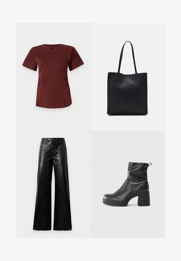 Burgunderfarget t-skjorte med korte ermer laget av myk bomull. Har rund hals og subtile sammenlegg i sidene for ekstra fasong. Jevn tekstur.; Sorte høy midje vide ben bukser i imitert skinn med knapp foran, glidelås, beltehemper og sidelommer på hvit bakgrunn.; Svarte ankelstøvler laget av glatt lær, med glidelås på siden, chunky strukturert hæl, og rund tå-design.; Svart lær tote bag med glatt tekstur, rektangulær form og to lange håndtak. Ingen synlige deler eller dekorasjoner.