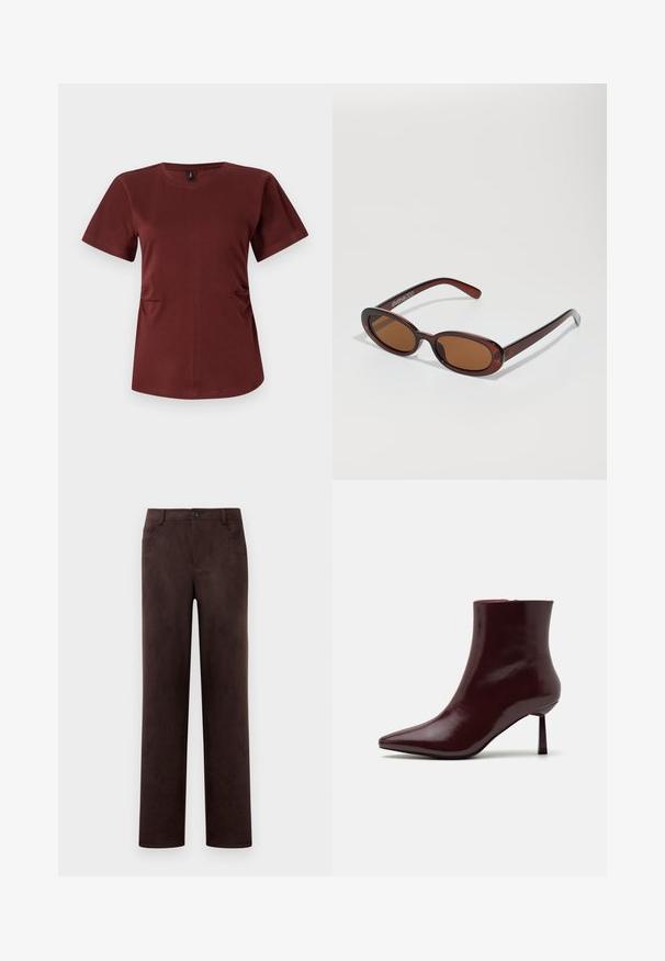 Burgunderfärgad t-shirt med kort ärm i mjuk bomull. Har rund halsringning och subtila veck på sidan för en extra form. Slät textur.; Raka mörkbruna mockabyxor med knapp- och dragkedjestängning framtill, bälteshällor och sidofickor.; Burgundy lackläder ankelstövel med spetsig tå och smal stilettklack, med en mjuk, glänsande yta och minimalistisk design.; Runda, bruntonade solglasögon med en glansig bordeauxfärgad ram. Smala bågar med subtilt varumärkesdetalj. Platt linsdesign.; Vävd burgunderfärgad handväska med rund form och ett enda handtag, med en strukturerad yta och ett elastiskt dragsnöre som stängning.