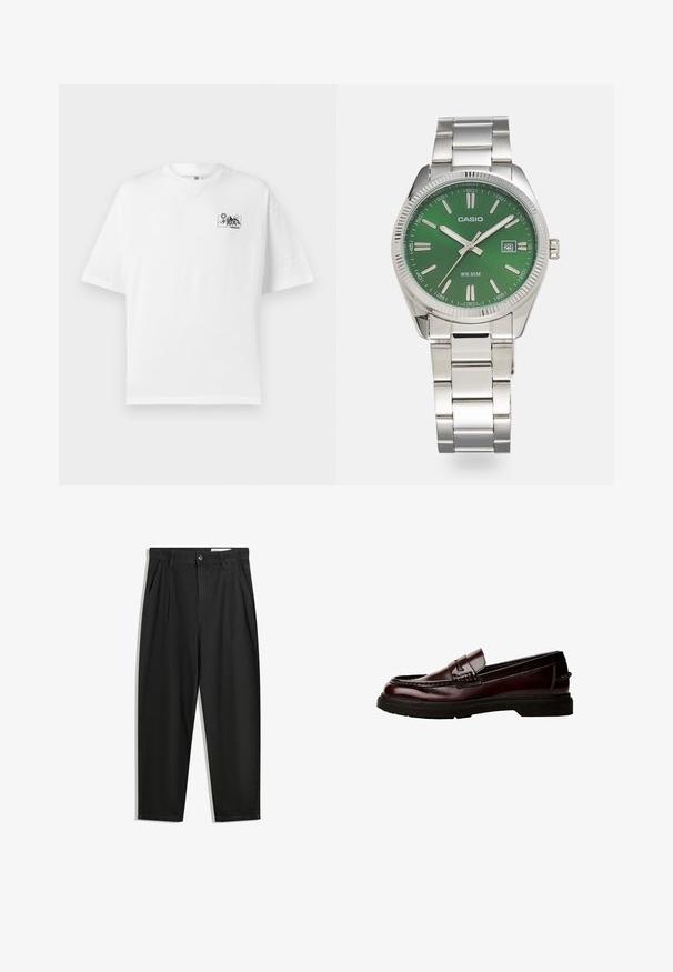 Biela bavlnená tričko s voľným strihom, na ľavej strane hrudníka má malé čierne grafiku hory a dizajn slnka.; Čierne bavlnené nohavice s voľným strihom, s klasickým pásom, prednými záhybmi a bočnými vreckami. Hladká textúra bez vzorov.; Hnedé kožené poltopánky s okrúhlou špičkou, detailným prešívaním a gumovou podrážkou. Obsahuje dekoratívny pásik, hladký povrch.; Strieborné nerezové hodinky s okrúhlym zeleným ciferníkom, striebornými znakmi hodín, zobrazením dátumu a kovovým náramkom. Vodotesné do 50 metrov.