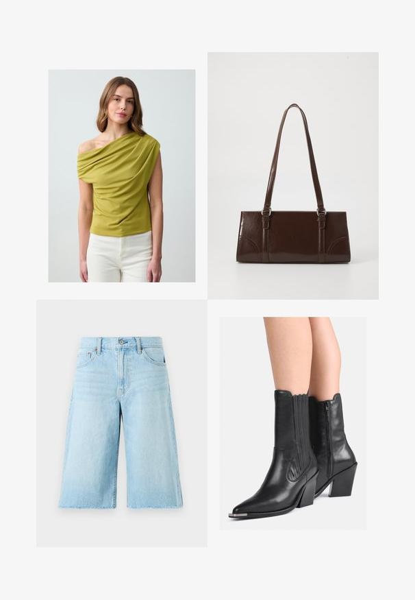 Grünes Oberteil mit einem Schulterdesign, aus glattem Stoff; verfügt über strukturierte Falten und eine taillierte Form. Getragen mit weißen Hosen.; Helle blaue Denim-Shorts mit lockerer Passform, ausgefranstem Saum, fünf Taschen und Metallbeschlägen. Klassisches Jeansdesign mit subtilen Ausbleichungen.; Schwarze Leder-Cowboy-Stiefel bis zur Mitte der Wade mit spitzen Zehen, gestapelten Absätzen, seitlichem Reißverschluss und dekorativen Nähten, getragen auf nackten Beinen.; Braune Lackleder-Handtasche in rechteckiger Form, mit zwei langen Griffen und subtilen, geschwungenen Akzenten auf der Vorderseite.; Silberne Creolen mit einer glatten, polierten Oberfläche. Runde Form mit einem leicht geschwungenen Design und abgerundeten Kanten. Sicherheitsverschluss.