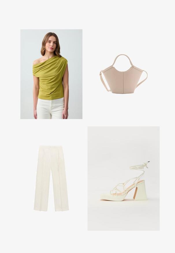 Zielona bluzka z jednym ramiączkiem, wykonana z gładkiego materiału; ma teksturowane fałdy i dopasowany krój. Noszona z białymi spodniami.; Spodnie o szerokich nogawkach w jasnym kolorze kremowym. Wykonane z gładkiego materiału, z plisami z przodu i bocznymi kieszeniami.; Biała sandał na wysokim obcasie z masywnym słupkiem, z paskowym wzorem i wiązaniem przy kostce. Gładka faktura z platformą z przodu dla dodatkowej wysokości.; Beżowa skórzana torebka o unikalnym kształcie, z dwoma krótkimi uchwytami i długim, regulowanym paskiem. Gładka tekstura z minimalną ilością elementów metalowych.