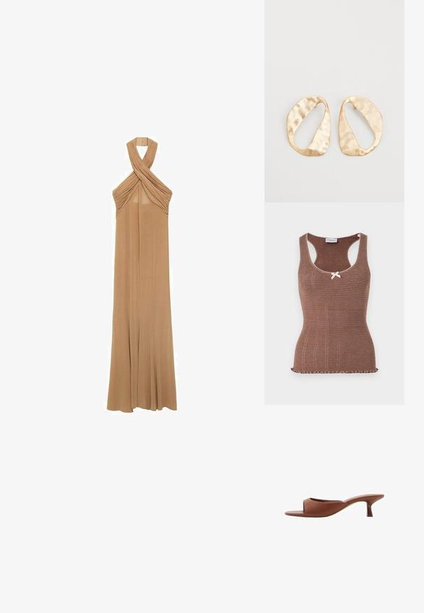 Ruskea ribattu hihaton paita valkoisilla yksityiskohdilla ja pienellä solmulla keskellä. Ominaisuuksiin kuuluu tiukka muotoilu ja vyötäröä myötäilevä helma.; Haltterikaulimekko pehmeässä beigeessä kankassa, jossa on poimutusala yksityiskohtia kauluksessa ja virtaava, lattiatason muotoilu.; Ruske avto čevlji s peto, odprti spredaj, z gladko mat površino, ki imajo ukrivljen dizajn in prozorno, stožčasto peto.; Pari epämuodostuneita soikeita kultasävyisiä metallikorvakoruja, joissa on teksturoitu, hieman hakattu pinta valkoista taustaa vasten.