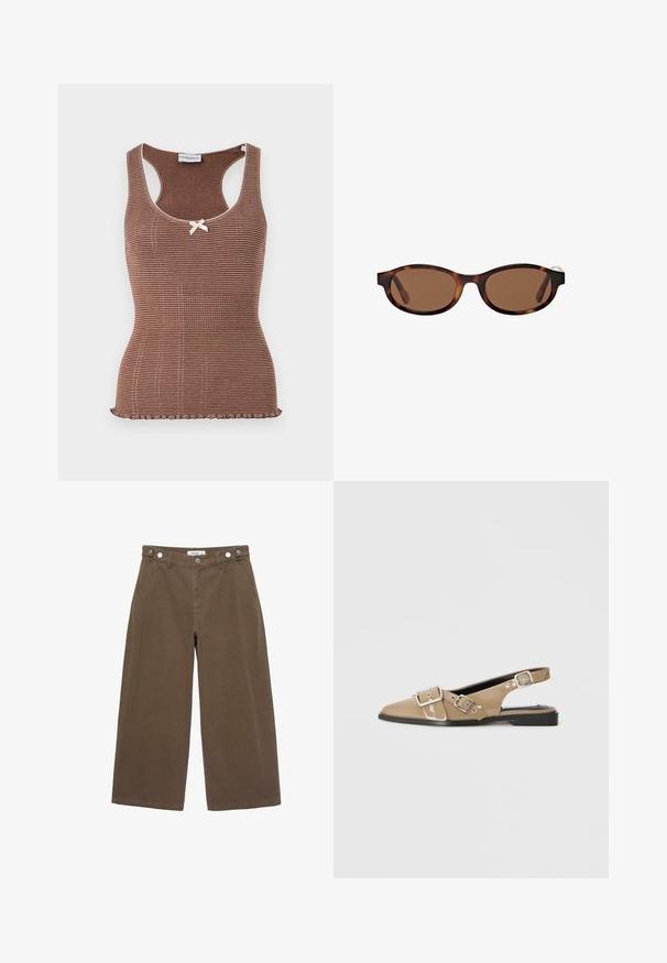 Brązowy prążkowany top na ramiączkach z białym wykończeniem i małą kokardką na środku. Posiada dopasowany krój i falbaniasty dół.; Brązowa koszula w kratę z guzikami, zapinana jak kurtka, z dwiema przednimi kieszeniami na guziki na piersi i małą naszywką z logo na prawej kieszeni.; Brązowe spodnie typu wide-leg wykonane z trwałej tkaniny. Posiadają dwie przednie kieszenie, zapięcie na guzik oraz luźny krój z gładką fakturą.; Beżowe lakierowane buty na obcasie typu slingback z wydłużonym noskiem, dwoma regulowanymi klamrami i niskim czarnym obcasem. Gładka tekstura z błyszczącym wykończeniem.; Brązowe okulary przeciwsłoneczne z owalnymi oprawkami, z wzorem w musztardowe cętki i szerokimi ramionami. Gładka tekstura i subtelny detal logo z boku.; Ciemnozielona zamszowa torebka crossbody z zamknięciem na suwak, płaskim kształcie, regulowanym paskiem z perforacjami oraz gładką, matową powierzchnią.
