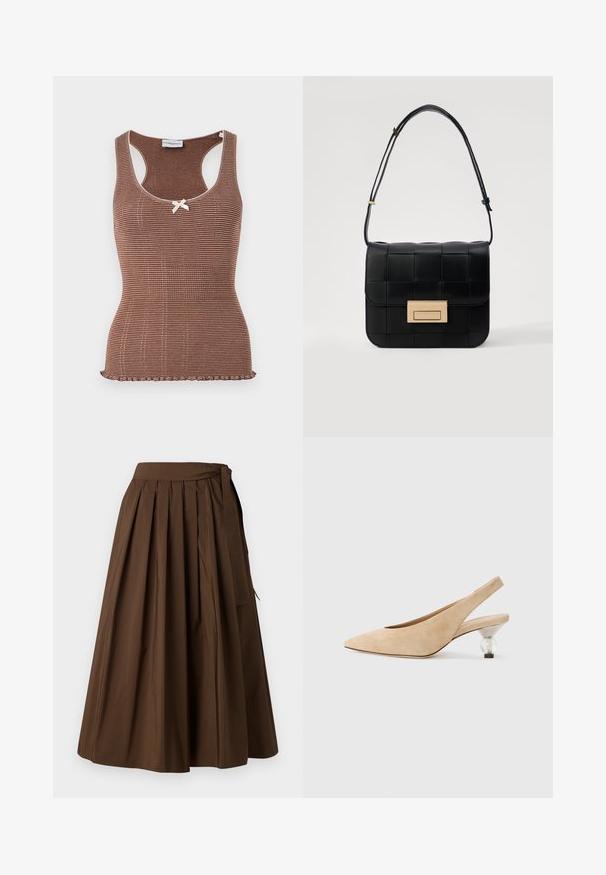 Bruine geribbelde tanktop met witte bies en een strikje in het midden. Heeft een aansluitend ontwerp en een gegolfde zoom.; Bruine geplooide rok van stof met een gladde textuur, met een hoge taille en een zijstrikdetail voor sluiting.; Beige suède slingbackschoen met een spitse neus en een transparante, ronde hak. Gladde textuur en minimalistisch ontwerp.; Loeffler Randall DESI CROSSBODY WITH LOCK HARDWARE - Schoudertas - black