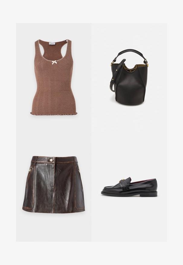 Ruskea ribattu hihaton paita valkoisilla yksityiskohdilla ja pienellä solmulla keskellä. Ominaisuuksiin kuuluu tiukka muotoilu ja vyötäröä myötäilevä helma.; Ruskea nahkainen mini-hame, jossa on tyylikäs muotoilu, kaksi vetoketjullista sivutaskua ja kontrastiväriset ompeleet reunoilla.; Mustat nahkakengät, joissa on ommeltu kuvio, sileä pinta, kultainen solkiyksityiskohta ja pyöreä kärki, asetettu matalalle mustalle pohjalle.; Mustan nahka-buckettikassi, jossa on teksturoitu pinta, kultaiset metalliosat ja avoin yläosa. Ominaisuuksiin kuuluu lyhyt kahva ja säädettävä olkahihna.