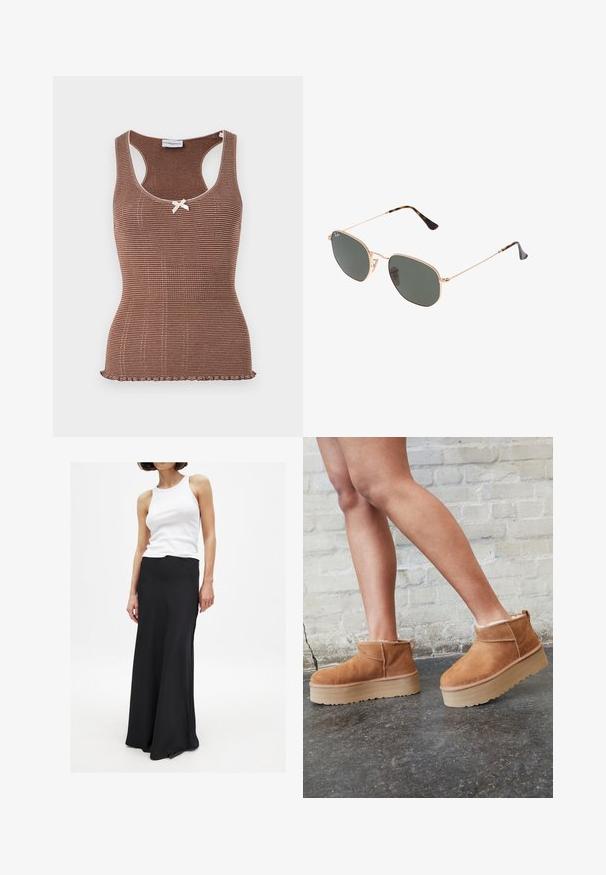 Bruine geribbelde tanktop met witte bies en een strikje in het midden. Heeft een aansluitend ontwerp en een gegolfde zoom.; Zwarte maxirok van gladde stof, met een fitted taille en een lichte flare naar de zoom toe. Gecombineerd met een witte tanktop.; Bruine suède enkelboots met een zachte voering, dikke beige plateauzool en een achterste lus. Getextureerde oppervlakte met zichtbare stiksels.; Gouden metalen zonnebril met donkergroene lenzen, aviator-stijl, met slanke scharnieren en schildpad-accenten op de uiteinden.