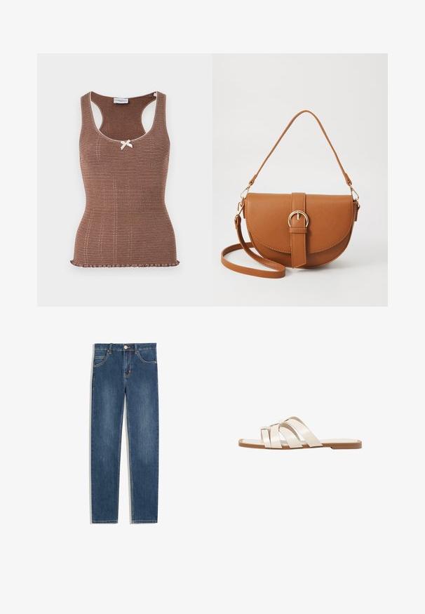 Smeđa rebrasta majica bez rukava s bijelim rubom i malom mašnom na sredini. Ima prilagođeni kroj i valoviti rub.; Tamno plave traperice sa ravnim krojem, pet džepova, suptilnim detaljima u šivanju i metalnim gumbom u struku.; Ravne sandale s smeškom od gume, dizajnirane s tri preklapajuće bele kožne trake i malim detaljem mašne u sredini.; Smeđa kožna torba preko tijela s zakrivljenim oblikom, zlatnim metalnim detaljima i naglaskom na kopču. Ima odvojivu naramenicu.