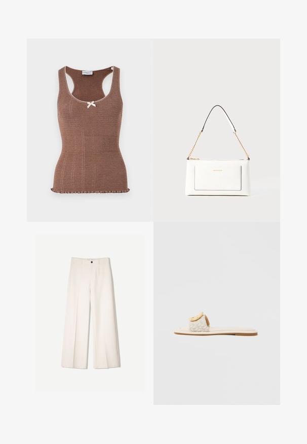 Bruine geribbelde tanktop met witte bies en een strikje in het midden. Heeft een aansluitend ontwerp en een gegolfde zoom.; Crème brede broek met een tailored ontwerp, voorzien van twee voorzakken en een enkele sluiting met een knop aan de voorkant, gemaakt van een gladde stof.; Slide-sandaal met een beige band met een geometrisch patroon, een afgeronde gele accent op de bovenzijde en een platte, lichte zool.; Witte leren handtas met een textuurafwerking, voorzien van een gouden schouderhengsel en zwarte accenten. Inclusief een voorvak en ritssluiting.