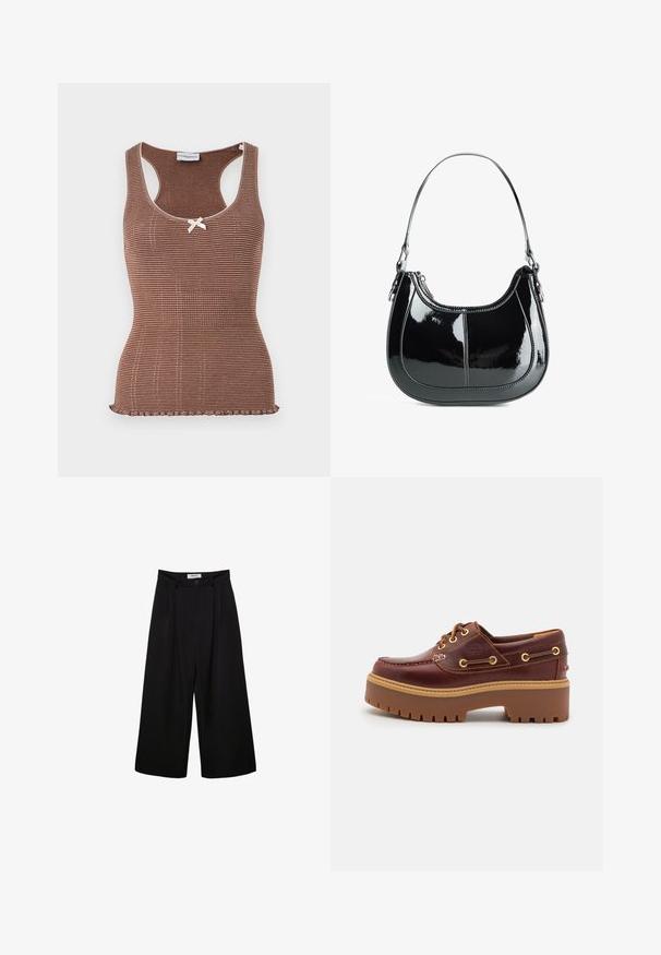 Brun ribbad linne med vit kant och en liten rosett i mitten. Har en figurnära design och en vågig nederkant.; Svarta vida byxor med hög midja, plisserad front och knappstängning. Tillverkade av ett mjukt tyg med skräddarsydd design.; Brun läderskärgårdssko med en kraftig brun gummisula, guldfärgad ögla och kontrasterande sömmar. Har en logotyp på sidan.; Svart lackläderhandväska med en böjd design, dragkedjestängning och ett enda axelband med detaljer i silverfärgade metall och sömnadsaccenter.