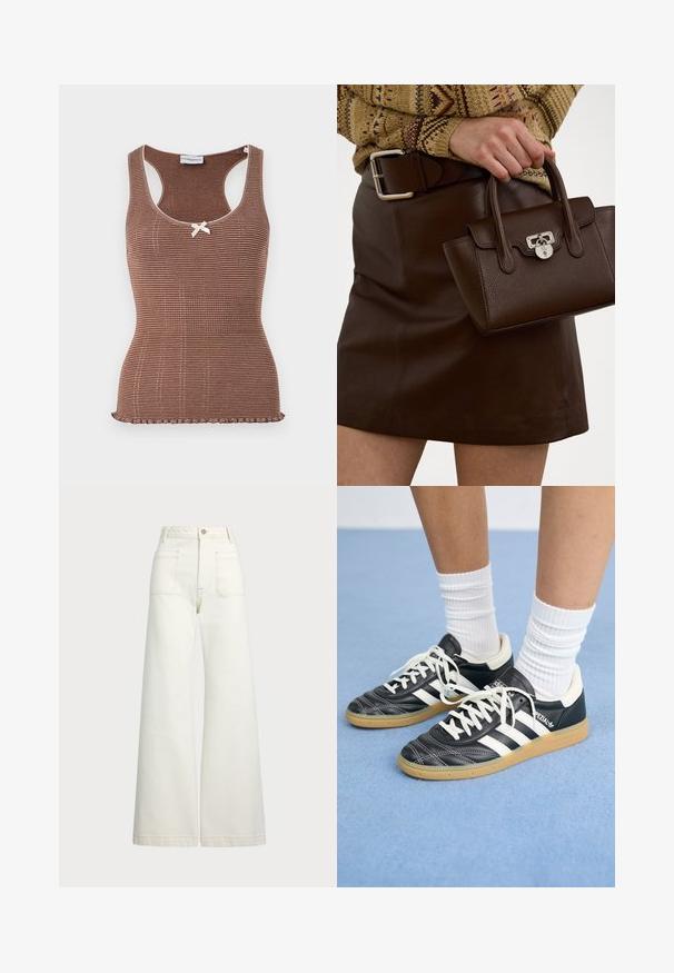 Ruskea ribattu hihaton paita valkoisilla yksityiskohdilla ja pienellä solmulla keskellä. Ominaisuuksiin kuuluu tiukka muotoilu ja vyötäröä myötäilevä helma.; Reisitaskuhousut vaaleanvalkoisesta denimestä. Korkea vyötärö, napitus, kaksi etutaskua ja kontrastiväriset ompeleet.; Mustat nahkasneakerit valkoisilla raidoilla, pyöreä kärki, valkoiset nauhat ja kumipohja. Korostaa pehmustettua kaulusta ja brändäysohjeita.; Ruskea nahkainen käsilaukku, jossa on teksturoitu pinta ja hopeiset yksityiskohdat, pidetään kädessä ruskean nahkahameen ja kuviollisen neuleen vieressä.