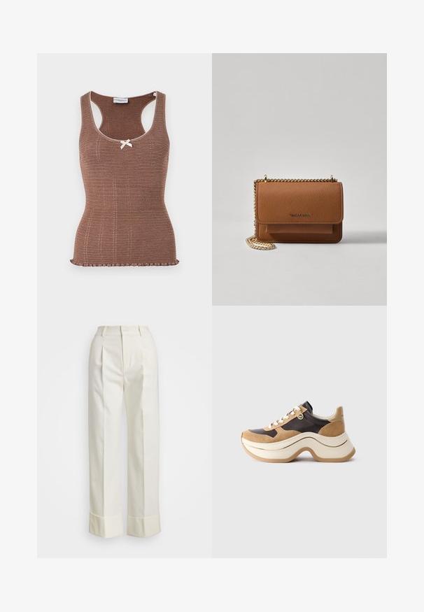 Brun ribbet tanktop med hvit kant og en liten sløyfe i midten. Har et tettsittende design og en bølgekant.; Hvite skreddersydde bukser med høy midje, doble frontfold, og vide ben med brettede mansjetter. Laget av et glatt, teksturert stoff.; Chunky sole sneaker i beige og mørk brun med suedesatser, hvite snøringer og en liten gull MK-charmside.; Brun teksturert lær crossover-veske med gullkjede-stropp og klaffelukking. Fronten har logo-detalj og en lomme under klaffen.