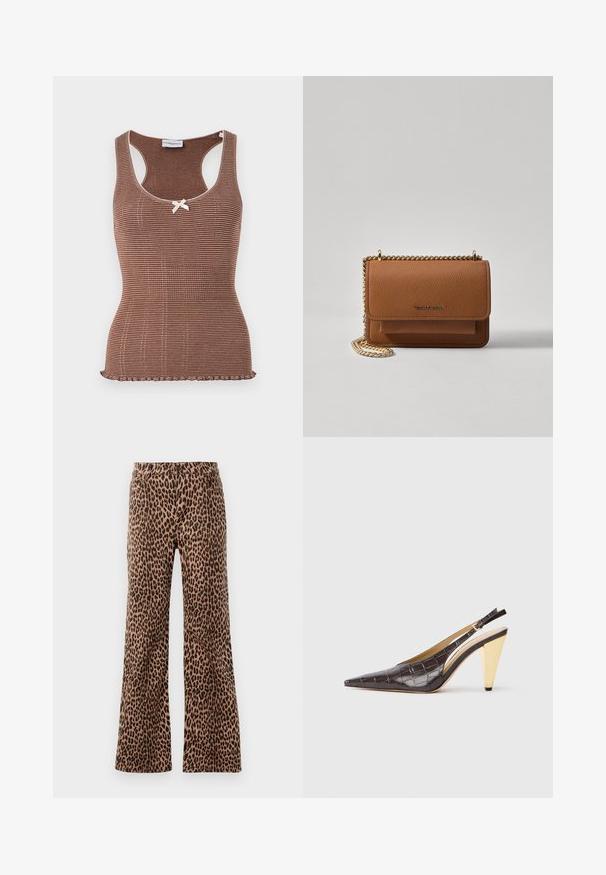 Rjava rebrasta majica brez rokavov z belim robom in majhno pentljo na sredini. Ima prilegan dizajn in rob s poševno obliko.; Hlače širokega kroja z leopardjim vzorcem v bež in črni barvi, z gladko teksturo in ožjim robom. Oblikovana z običajno elastiko in žepi.; Slingback peto s koničastim nosom, v temno rjavi sijoči umetni krokodilji usnjeni različici. Ima zlate geometrijske pete in nastavljiv ankel trak.; Rjava teksturirana usnjena torba čez ramo z zlatim verižnim trakom in zapiranjem na pokrov. Spredaj je vidna podrobnost logotipa in žep pod pokrovom.
