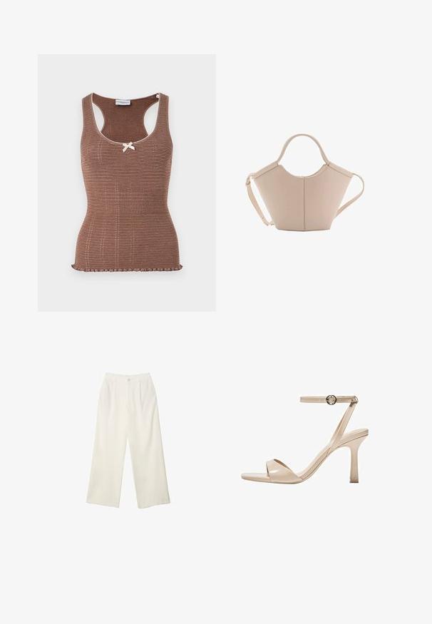 Brązowy prążkowany top na ramiączkach z białym wykończeniem i małą kokardką na środku. Posiada dopasowany krój i falbaniasty dół.; Spodnie z szerokimi nogawkami w kremowej tkaninie o gładkiej fakturze, z pojedynczym guzikiem z przodu, subtelnymi plisami i wysokim stanem.; Nude lakierowane sandały na wysokim obcasie z cienkim paskiem wokół kostki i okrągłą klamrą, otwarty przód oraz smukły obcas typu szpilka.; Beżowa skórzana torebka o unikalnym kształcie, z dwoma krótkimi uchwytami i długim, regulowanym paskiem. Gładka tekstura z minimalną ilością elementów metalowych.