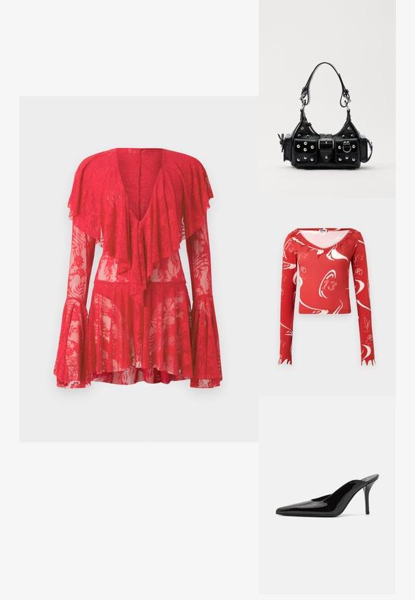 Piros hosszú ujjú felső, lekerekített dekoltázzsal, fehér absztrakt mintákkal és fodros szegéllyel az ujjak végén. Nyújtható anyagból készült.; Piros csipkebársonyos ruha hosszú, bővülő ujjakkal, mély V-kivágással, rétegezett fodrokkal és virágmintával. A átlátszó textúra fokozza a dizájnt.; Fekete lakkbőr magas sarkú mules cipő, hegyes orral és karcsú sz Siluettel, nyitott hátsó résszel és vékony stilettó sarokkal.; Fekete bőr kézitáska ívelt designnal, ezüst szegecsekkel, csattal és két oldalsó zsebbel. Állítható vállpánt a hordozási lehetőségekhez.