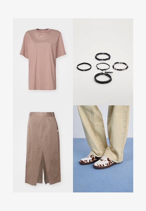 Medvilninis marškinėliai švelnios rožinės spalvos, su apvaliu kaklu, trumpomis rankovėmis ir mažai balta Nike logotipu ant krūtinės.; Ruda medvilnė sijonas su tiesia forma, su priekinėmis plyšiais, šoninėmis kišenėmis ir standartiniu juosmeniu. Lygus paviršius ir puikiai pritaikyti siūlės.; Balti ir rudi raštuoti sportbačiai su tinkliniu audiniu ir oda, su rudais guminiais padu. Suderinti su šviesiai smėlinėmis plačiomis kelnėmis.; Penki juodi apyrankės įvairiais stiliais: viena su karoliukais, viena su akcentais, pinti tekstūros ir reguliuojamo dizaino, prieš baltą fono.