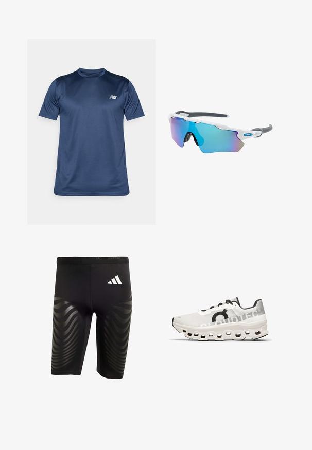 Marineblå atletisk T-shirt med korte ærmer, lavet af glat, fugttransporterende materiale. Har sidelæns paneler og et lille hvidt logo på brystet.; Sort træningsshorts med en strækbar pasform, udstyret med et glinsende bølgemønster på siderne og et hvidt logo på taljebåndet.; Hvide løbesko med mesh-overdel, sorte accenter, en polstret sål med hexagonale udskæringer og "CLOUDTEC" branding.; Solsikker med hvid ramme, grå accenter og blå spejllinser. Sporty design, omviklet form og justerbare næsepuder.