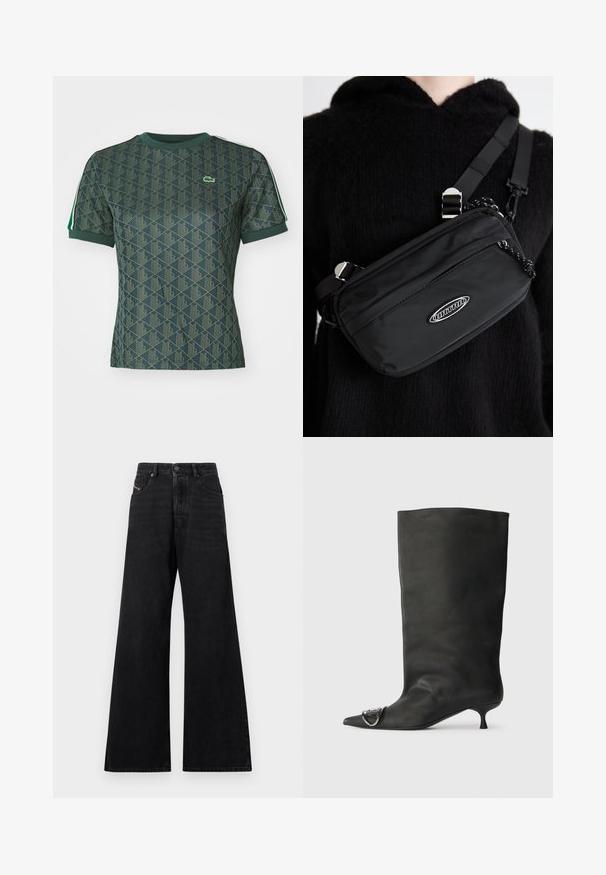 Lühikeste varrukatega roheline T-särk, millel on heledamat roheline geomeetriline muster, ümar kaelus ja väike logo rinnal. Tekstuuriga kangas.; Mustad laiade säärtega teksad, valmistatud denimist, millel on kõrge vöökoht, viie taskuga disain ja esiküljel peen õmblustöö.; Must musta põlve kõrgune saapakäik terava nina, väike konts ja metallist aktsentdetail nina peal. Ühtlane, matt tekstuur kogu ulatuses.; Musthave musta nailonkott rihmaga, millel on reguleeritav rihm, siledapinnaline tekstuur, eespool tõmblukuga tasku ja logo aktsent.