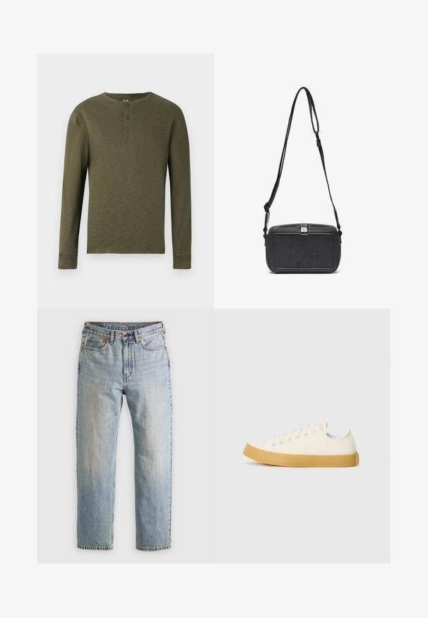 Hosszú ujjas olívazöld henley póló, kerek nyakkal, három gombbal a nyakrészen, és texturált anyagú kivitel.; Világoskék farmernadrág magas derékkal, elülső gombbal, cipzárral és öt zsebbel, sima háttérre fektetve.; Krémszínű vászon sportcipő, kerek orral, bézs gumi talppal és öt fűzőlyukkal, a felső részen texturált felülettel.; Fekete bőrből készült keresztbe hordható táska cipzáras záródással, dombornyomott logóval az elején és állítható pánttal. Simább textúrájú, téglalap alakú.