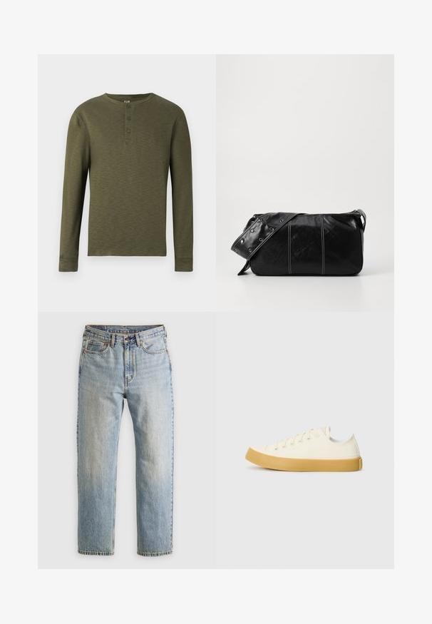 Ilga rankovė olivinės spalvos henley marškiniai su apvaliu kaklu, trimis mygtukais ant apykaklės ir tekstūruotu audiniu.; Šviesiai mėlynos džinsinės kelnės su aukštu liemeniu, priekyje mygtukas, užtrauktukas ir penkių kišenių dizainas, išklotos ant neutralios fono.; Oficio drobės sneakeriai baltai kreminės spalvos, su apvaliu galiuku, su smėlio spalvos guminiais padais ir penkiomis skylėmis raištams, turintys tekstūruotą viršutinę dalį.; Juodas odinis pečių krepšys su užtrauktuku, turintis tekstūruotą paviršių, baltą siuvinėjimą ir dirželį su sidabinėmis metalinėmis detalėmis.