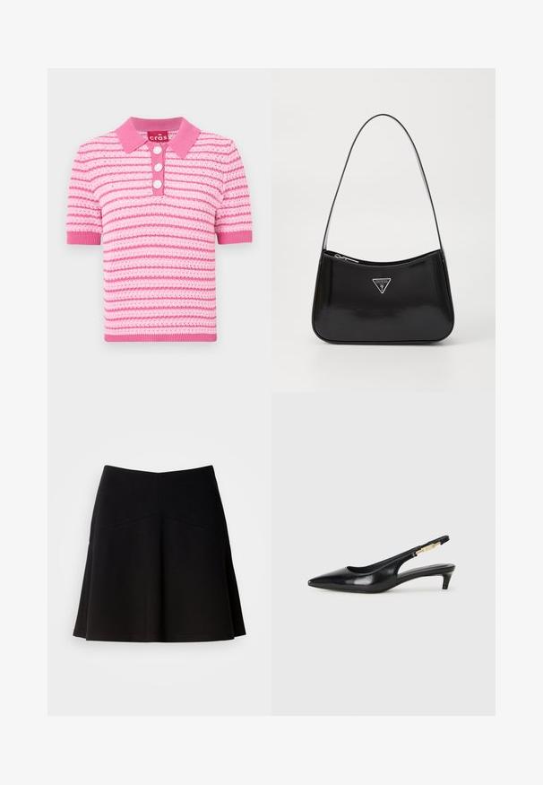 Pink striped polo shirt with a collared neck, short sleeves, and three button closures. Material appears textured; accents in lighter pink.; Black flared skirt made from soft fabric, featuring a fitted waistband and seam detailing. Smooth texture with a simple, classic design.; Black leather slingback heels with a pointed toe, featuring a slim heel and a gold-tone accent on the adjustable strap. Smooth texture.; Black patent leather shoulder bag with a curved shape, featuring a silver triangle logo and a zipper closure. Smooth texture and slim strap.