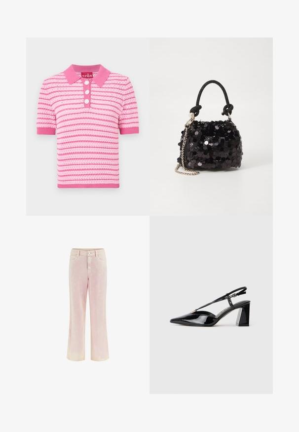 Rosa gestreiftes Poloshirt mit Kragen, kurzen Ärmeln und drei Knopfverschlüssen. Das Material scheint strukturiert zu sein; Akzente in einem helleren Rosa.; Helle rosa, ausgestellte Jeans aus Denim mit einer dezenten, distressed Struktur. Verfügt über fünf Taschen und einen vorderen Knopfverschluss.; Schwarze lackleder Slingback-High-Heels mit spitz zulaufender Zehenpartie, verstellbarem Riemen und klobigem rechteckigem Absatz.; Schwarze Pailletten-Mini-Handtasche mit einem geknoteten, strukturierten Tragegurt und einer silbernen Kette. Abgerundete Form mit gerafftem oberen Teil und reflektierenden Details.