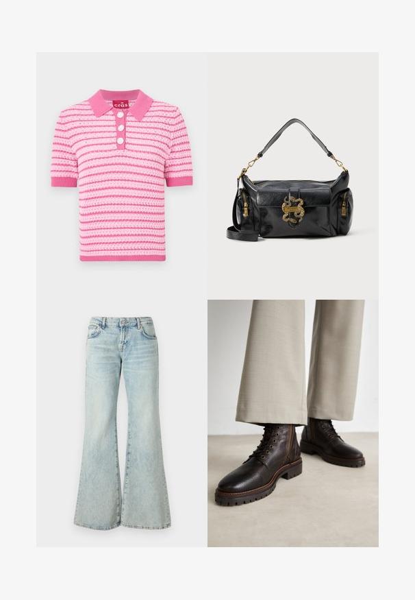 Rózsaszín csíkos pólóing gallérral, rövid ujjakkal és három gombos zárással. Az anyaga textúrált hatású; világos rózsaszín kiegészítők.; Világoskék, trapéz szabású farmernadrág, magas derékkal, zsebekkel és fonott szegéllyel. Az anyag kifakult mosást és finom textúrát mutat.; Sötétbarna bőrcipők texturált felülettel, fűzős kialakítással, kerek orral és robusztus gumitalppal. Ellentétes varrás teszi teljessé a megjelenést.; Fekete bőr kézi táska sima felülettel, arany, kígyó alakú díszítéssel és két cipzáras oldalzsebbel. Állítható vállpánt is a csomag része.