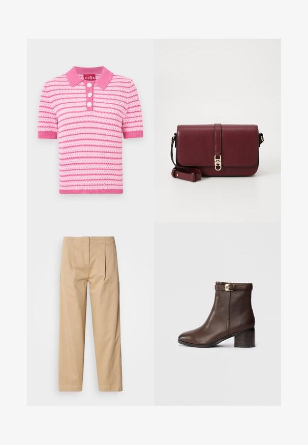 Camisa polo riscada em rosa com gola, mangas curtas e três fechos de botão. O material parece texturizado; detalhes em rosa mais claro.; Calças de algodão bege com um corte relaxado, apresentando dois pregas frontais, uma perna reta e um fecho clássico com botão na cintura.; Bota de tornozelo em couro castanho com ponta arredondada, salto baixo em bloco e uma fivela decorativa no tornozelo. Textura suave e design elegante.; Tommy Hilfiger LIBRE FLAP CROSSOVER - Mala a tiracolo - deep rouge