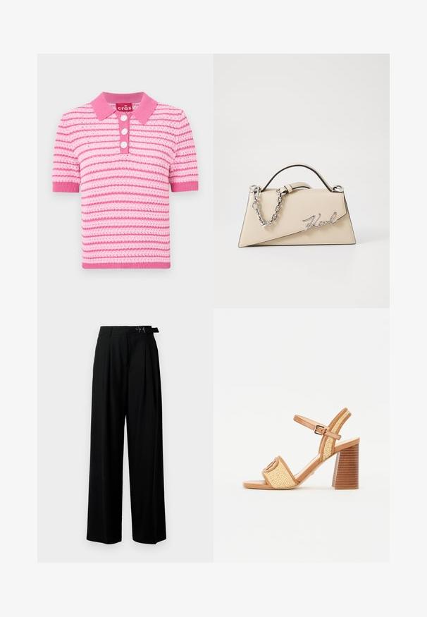 Roze gestreepte poloshirt met een kraag, korte mouwen en drie knoopsluitingen. Het materiaal lijkt textuur te hebben; accenten in lichter roze.; Zwarte wijde broek met hoge taille, plooien aan de voorkant en een riem met een gesp. Gemaakt van glad, lichtgewicht stof.; Bruine leren en geweven rieten sandalen met hak, voorzien van een enkelbandje, open teen en een chunky houten hak met horizontale strepen.; Beige leren handtas met een gestructureerde, driehoekige vorm, voorzien van een zilveren kettinghandvat en een cursieve logo in metaal.