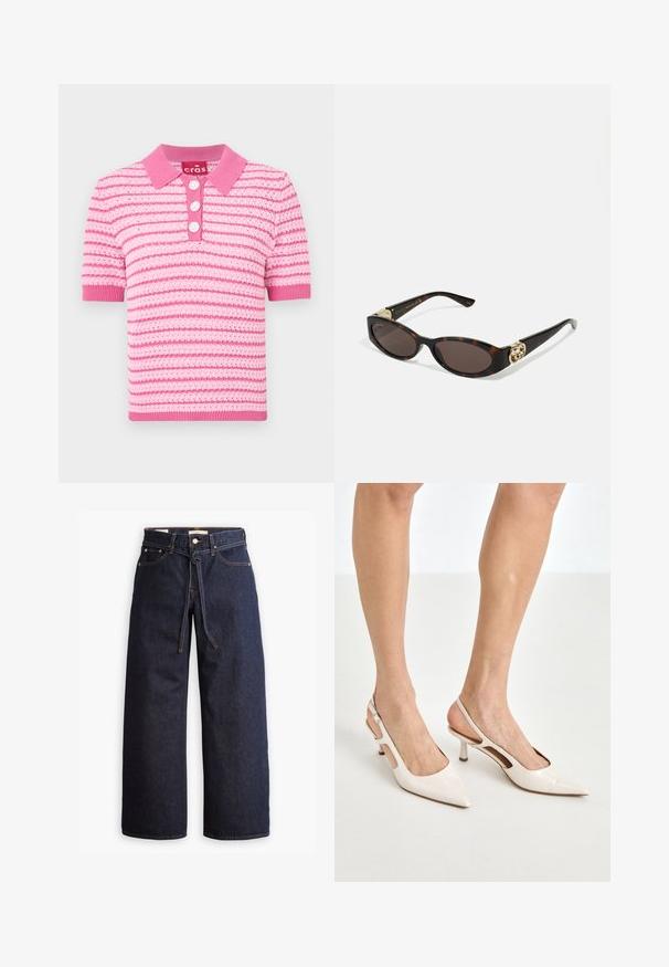 Roza polo majica s črtami, s ovratnikom, kratkimi rokavi in tremi gumbi. Material se zdi teksturiran; poudarki v svetlejših odtenkih roza.; Široke temno modre kavbojke z visokim pasom, ki imajo vrvico za zavezovanje, pet žepov in kontrastne šive.; Bež lakirane usnjene čevlje na peto s koničastim nosom in 5 cm visokim peto, ki imata izrezane stranice in tanko zanko okoli gležnja.; Kornjačaste sunčane naočale s izduženim ovalnim lećama, smeškim tonovima, zlatnim logotipom na drškama i elegantnim crnim rukohvatima.; Bela usnjena torba s ukrivljeno obliko, ki ima srebrni trikotni logo in zadrgo. Gladka tekstura in dvojni ročaji.