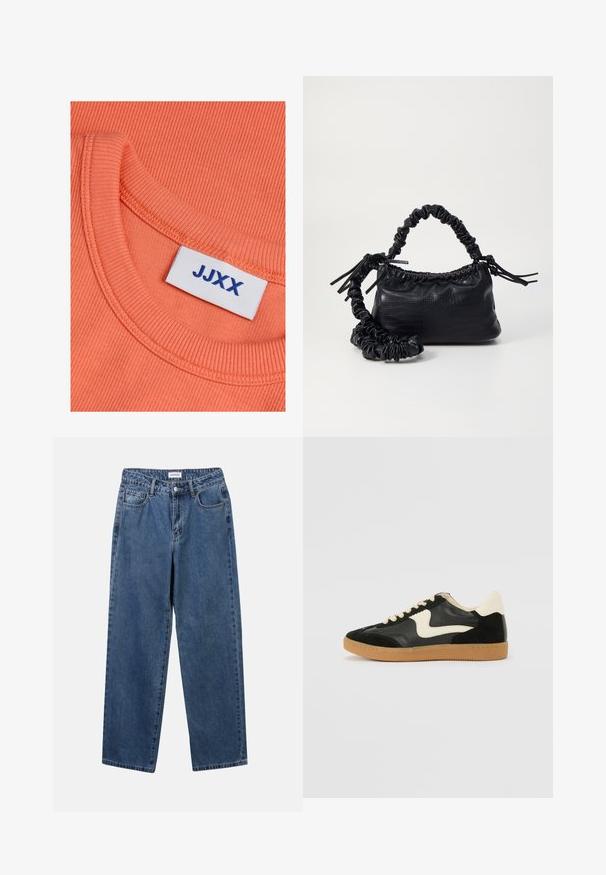 Coral ribbed cotton shirt with a round neck, featuring a visible blue label with "JJXX" text. Smooth texture throughout.; Classic blue denim jeans with a straight-leg design, five pockets, and a button closure. Features a medium wash and sturdy texture.; Black suede and leather sneaker with a cream side swoosh and light cream heel. Features beige laces and a gum rubber outsole.; Black faux leather handbag with a crocodile texture, cinched top, and a scrunched strap. Appears soft and compact in design.
