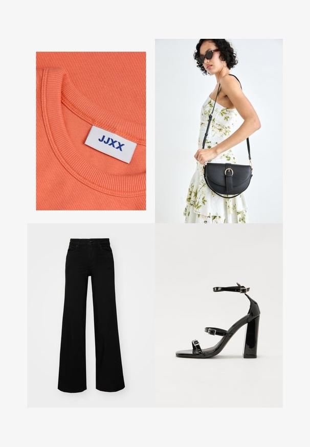 Coral ribbed cotton shirt with a round neck, featuring a visible blue label with "JJXX" text. Smooth texture throughout.; Black wide-leg pants made of denim, featuring a structured waistband, belt loops, and front pockets. Smooth texture with a classic design.; Black patent heeled sandals with a square toe, ankle straps, and silver buckles. Features a chunky block heel for stability.; Black leather handbag with a curved shape, detachable strap, and gold hardware. The bag features a flap with a buckle detail.