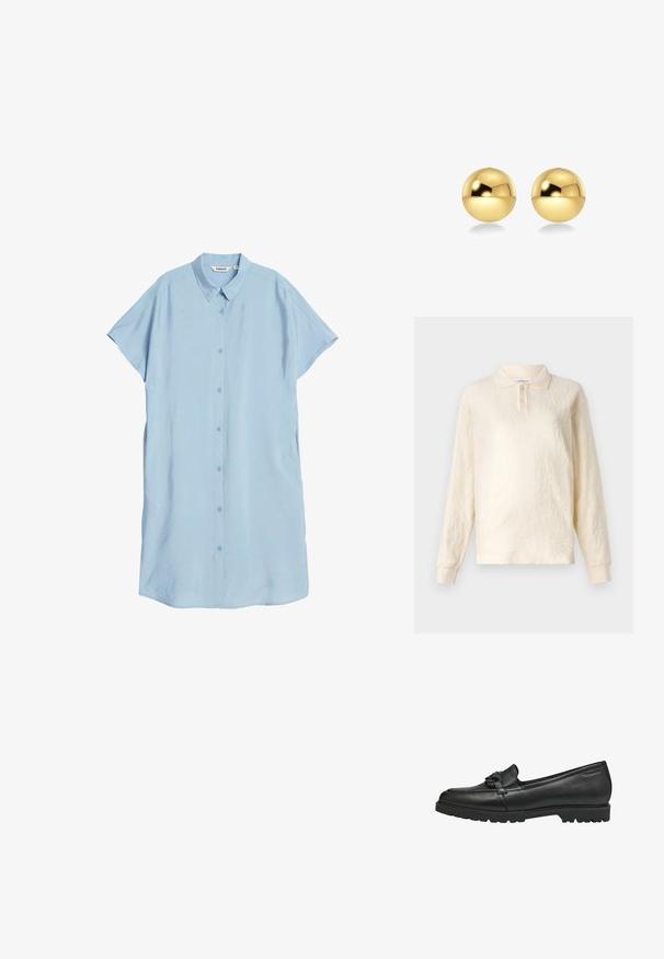 Cremfarbendes Langarm-Polohemd aus strukturiertem Stoff mit einer Dreiknopfleiste und umgeschlagenen Ärmeln, das ein dezentes Blumendesign aufweist.; Helles blaues, kurzärmliges Hemdkleid aus glattem Stoff, mit einer geknöpften Vorderseite, klassischem Kragen und seitlichen Taschen.; Schwarze Lederloafers mit runder Zehenpartie, die über ein dekoratives Schleifchen und eine strukturierten Gummisohle für besseren Halt verfügen. Einfaches und flaches Design.; Goldfarbene, kugelförmige Ohrringe mit einer glänzenden, reflektierenden Oberfläche. Das Design ist schlicht und glatt, was einen modernen, minimalistischen Look erzeugt.